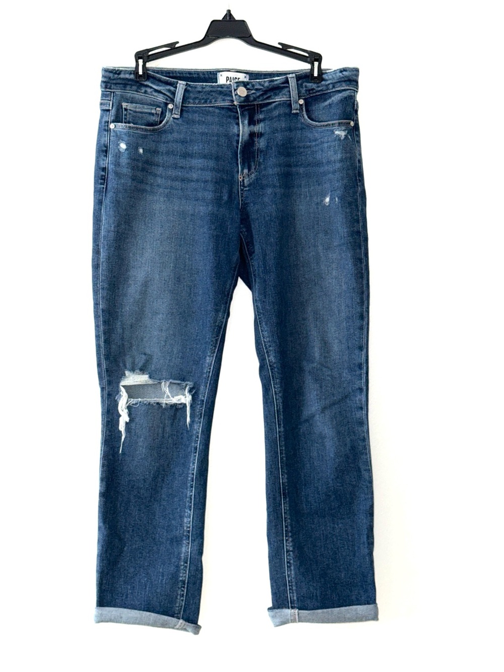 Paige Women’s Distressed Mid Rise Blue Jeans